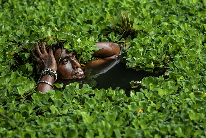 2019 10. 06 Sunderbans West Bengal Indien Manjit Singh tar ett bad i en damm som är full med gröna växter ---- FOTO : JOACHIM NYWALL KOD 0708840825_1 COPYRIGHT JOACHIM NYWALL ***BETALBILD*** Redovisas till NYWALL MEDIA AB Strandgatan 30 461 31 Trollhättan Prislista enl BLF , om inget annat avtalas.